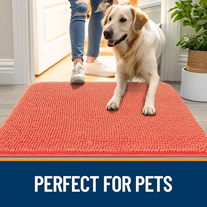 OLANLY Dog Door Mat for Muddy Paws 54x32, Super Absorbent Chenille Mud Mat | Coral, Absorbs Moisture and Dirt, Non-Slip Machine Washable Doormat, Quick-Drying Indoor Entryway Floor Carpet for Dogs