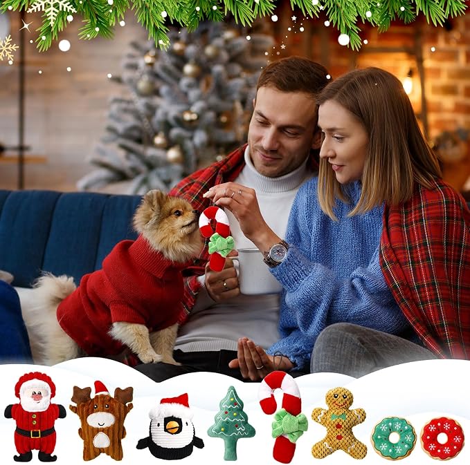 8 Pack Christmas Dog Toys Durable Squeaky Dog Toys for Puppy Christmas Interactive Stuffed Animal Plush Chew Toys with Squeaker for Small Medium Large Dogs Teeth Cleaning