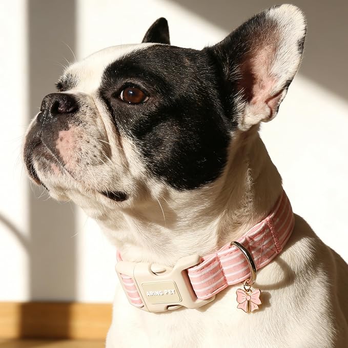 ARING PET Stripe Dog Collar, Cute Spring Summer Pink Stripe Pet Collars with Bow Charm for Puppy Small Medium Large Female Girl Dogs-M, for Daily Outdoor Walking Training