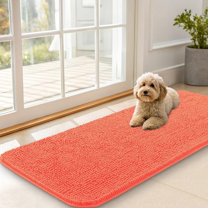 OLANLY Dog Door Mat for Muddy Paws 47x20, Super Absorbent Chenille Mud Mat | Coral, Absorbs Moisture and Dirt, Non-Slip Machine Washable Doormat, Quick-Drying Indoor Entryway Floor Carpet for Dogs