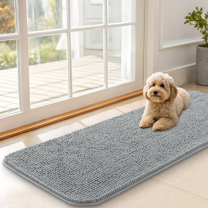 OLANLY Dog Door Mat for Muddy Paws 47x17, Super Absorbent Chenille Mud Mat | Grey, Absorbs Moisture and Dirt, Non-Slip Machine Washable Doormat, Quick-Drying Indoor Entryway Floor Carpet for Dogs