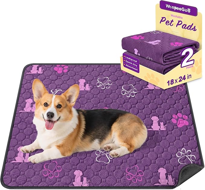 WanpeeGoo Washable Pee Pads for Dogs, Waterproof, 18 x 24 in, 2 Pack, Purp | Super Absorbent, Waterproof and Non-Slip; Washable, Reusable Dog Pads for Crates, Playpens, Floors, Furniture and Travel