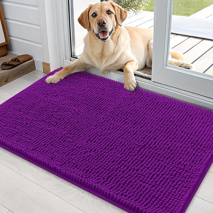 OLANLY Dog Door Mat for Muddy Paws 35x24, Super Absorbent Chenille Mud Mat | Purple, Absorbs Moisture and Dirt, Non-Slip Machine Washable Doormat, Quick-Drying Indoor Entryway Floor Carpet for Dogs