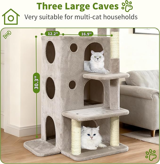 48" Cat Tree Tower for Indoor Cats, Multi-Level Cat House for Large Cats with 3 Cozy Cat Condos, Extra Large Top Perch, Sisal Scratching Posts & Climbing Steps, Light Grey