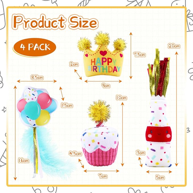 ADABOO 4PCS Cat Birthday Toy Set, Birthday Cake and Crown, Plush Catnip Toy with Crinkle Paper & Tinsel, Soft Interactive Toy, Perfect for Cat Lovers