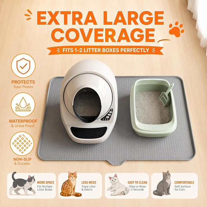 Cat Litter Mat, XL 40"x29.7" Silicone Litter Box Mat, Tilted Drain Spout | Litter Mat Fit 1-2 Boxes, Extra Wide Kitty Litter Mat, Waterproof Urine Proof, Non-Slip, Easy to Clean, High Edge