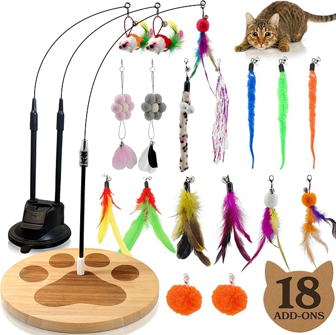 Feather Wand Teaser Cat Toys 18-Piece Simulation Toys for Indoor Cats, Cat Stuff Self-Holding Floor Base & Suction Cup, Bird Simulation Self Play Kitten Toys for Bored Adult Cats