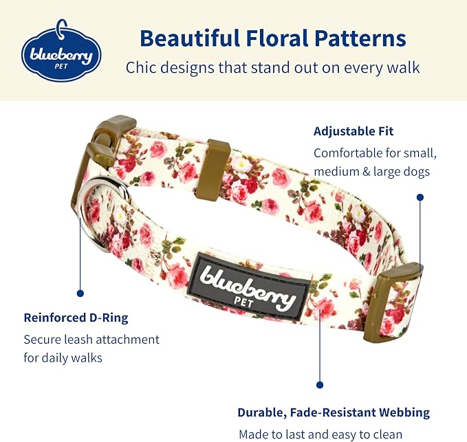 Blueberry Pet 7 Patterns Spring Scent Inspired Pink Rose Print Ivory Adjustable Dog Collar, Large, Neck 18"-26"