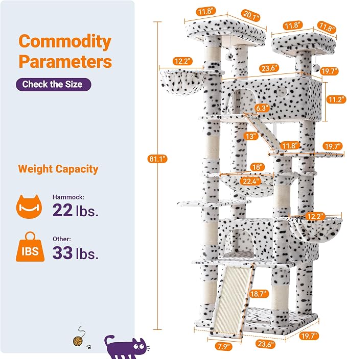 Allewie 81 Inches Tall Cat Tree/Multi-Level Large Climbing Tree House and Towers for Big Feline/Condo and Hammock/Scratching Post/Wide Base/White & Black Spot