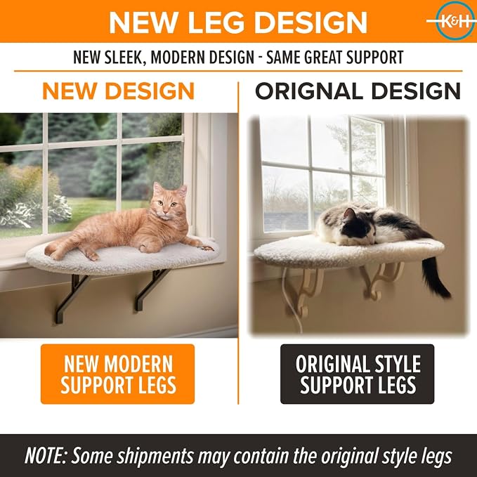 K&H Cat Window Perch, Heated Kitty Sill, Safety Listed, 24x14in, Fleece | Orthopedic Cat Window Hammock Bed Holds 40LBS, Washable Cover, Heated Kitty Windowsill Bed Seat for Indoors, Cream Fleece
