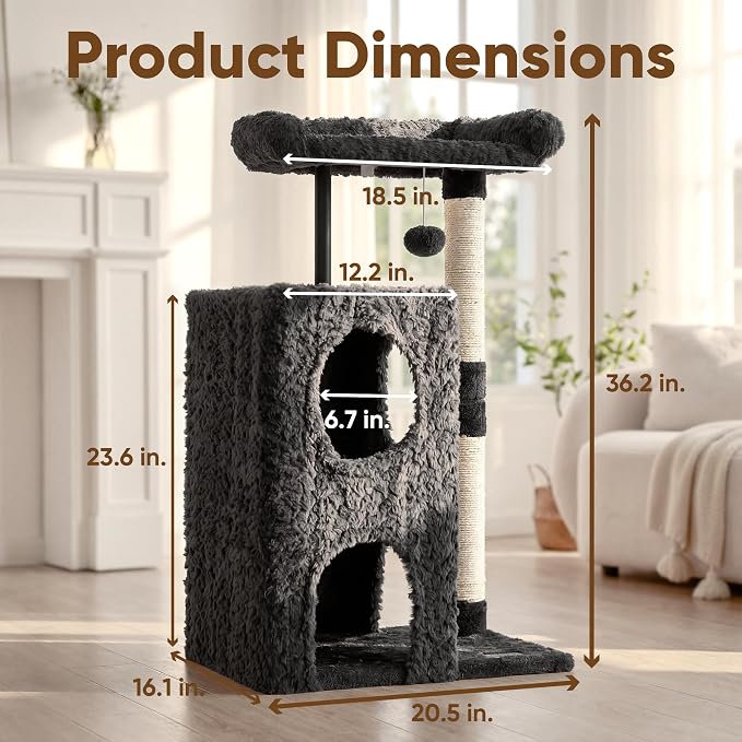 FUKUMARU Cat Tree, 36.2in Luxury Plush Cat Tower with Two Caves, Multi-Level Cat Condo with Sisal Scratching Post, Adult Cat Tree Towers for Indoor Cats with Top Perch, Medium Heavy Duty Kitten House