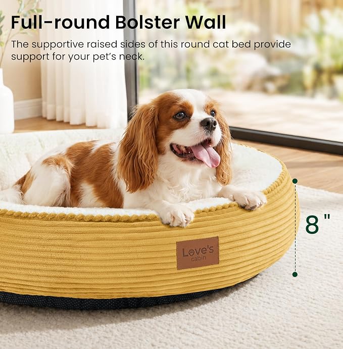 Love's cabin Round Donut Cat and Dog Cushion Bed, 30in Pet Bed for Medium or Large Dogs, Anti-Slip & Water-Resistant Bottom, Soft Durable Fabric Pet Beds, Washable Calming Cat Bed, Yellow