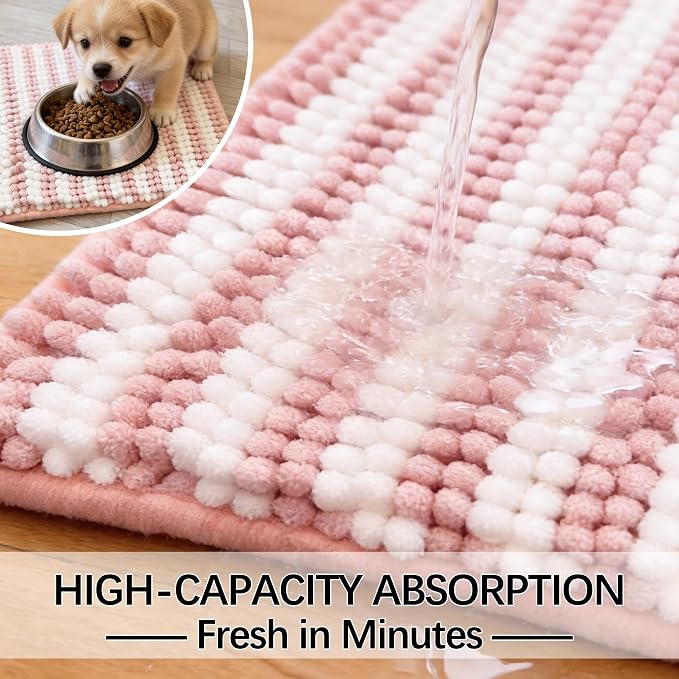 Dog Door Mat for Muddy Paws - Absorbent Quick-Dry Non-Slip Washable Chenille Pet Rug, Indoor Entryway Mat for Front Door & Crate(Pink, 30" L*18" W)