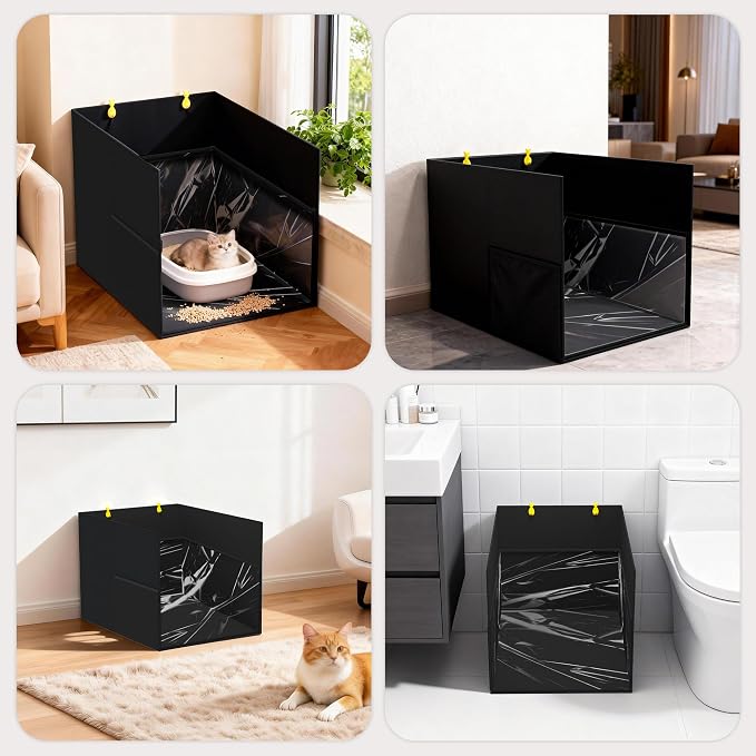 Aokeyee Cat Litter Box Enclosure Splash Guard, Black Waterproof | 27.16x21.65x16.53, Removable PVC Mat with 2 Hooks, Foldable Anti-Leakage Dust Control