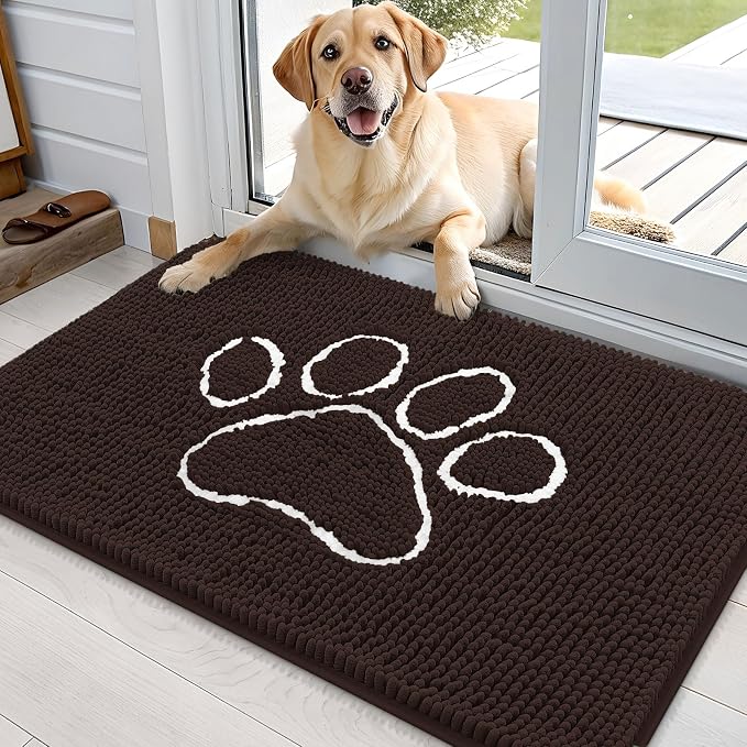 OLANLY Dog Door Mat for Muddy Paws 35x24, Paw Print Design Chenille Mud Mat | Brown, Absorbent, Traps Moisture and Dirt, Non-Slip Washable Doormat, Quick-Drying Indoor Entryway Floor Carpet for Dogs