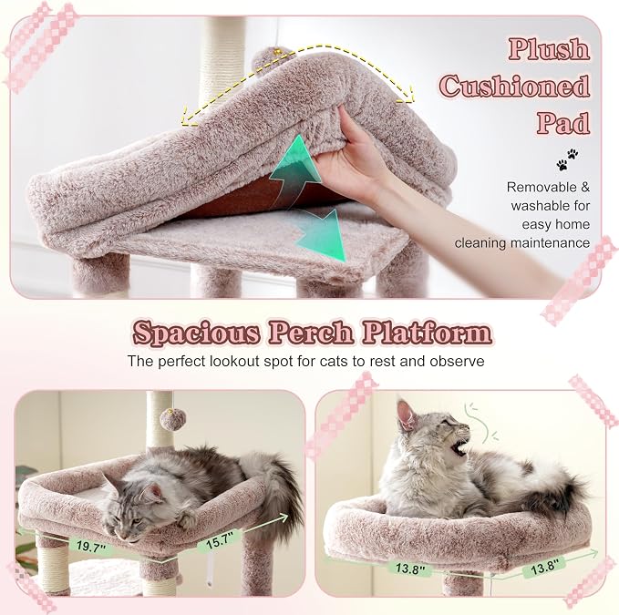 Heybly Cat Tree, 71-Inch Tall Cat Tower for Large Maine Coon Cats HCT037MU | Cat Condo Furniture with Extra-Large Baseboard, Multi-Level Platforms, 2 Hammocks and 12 Scratching Posts, Rosy Brown