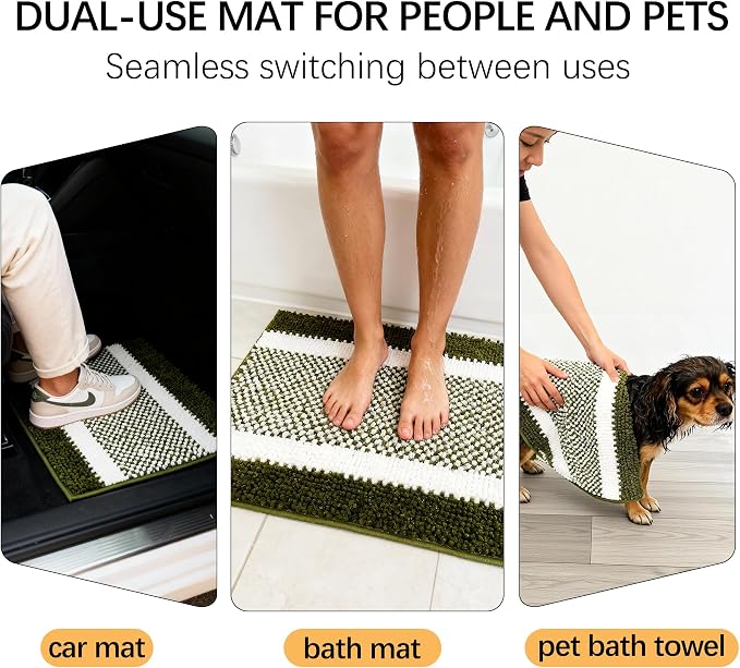 Dog Door Mat for Muddy Paws - Absorbent Quick-Dry Non-Slip Washable Chenille Pet Rug, Indoor Entryway Mat for Front Door & Crate (Green White, 30" L*18" W)