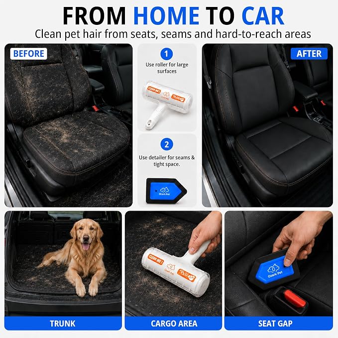 Ozark 4-in-1 Pet Care & Pet Hair Control System for Dogs & Cats – Deshedding Tool, Pet Hair Remover, Grooming Glove, Detail Cleaner for Furniture, Couch, Carpet, Home & Car (Blue, Combo 4-in-1 Large)