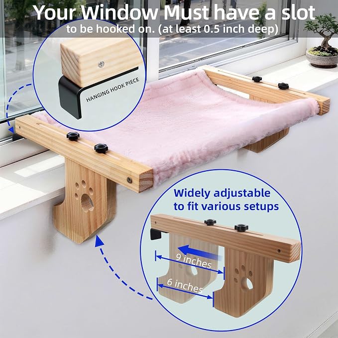 ESPETS Wooden Cat Window Bed for Large Cats, Pink Cat Window Perch Hammock | Solid Wood Window Ledge Perch, Sturdy Large Size Shelves, Soft Thick Removable Cushion, Easy Assemble Adjustable, Hold 50LBS