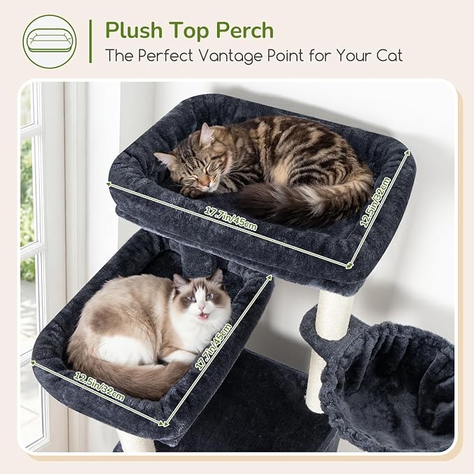 Globlazer F65D Corner Cat Tree Tower with Scratching Posts, Dark Grey | 65in Multi-Level Large Cat Scratching Tower with Hammock, 6 Scratching Posts, Basket and 2 Perches for Indoor Multiple Cats