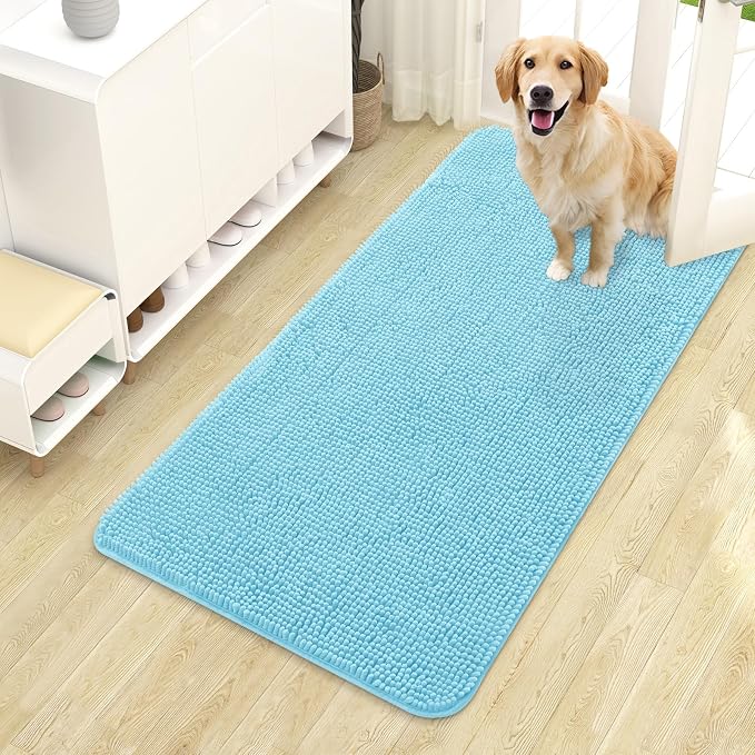 OLANLY Dog Door Mat for Muddy Paws 44x24, Super Absorbent Chenille Mud Mat | Blue, Absorbs Moisture and Dirt, Non-Slip Machine Washable Doormat, Quick-Drying Indoor Entryway Floor Carpet for Dogs