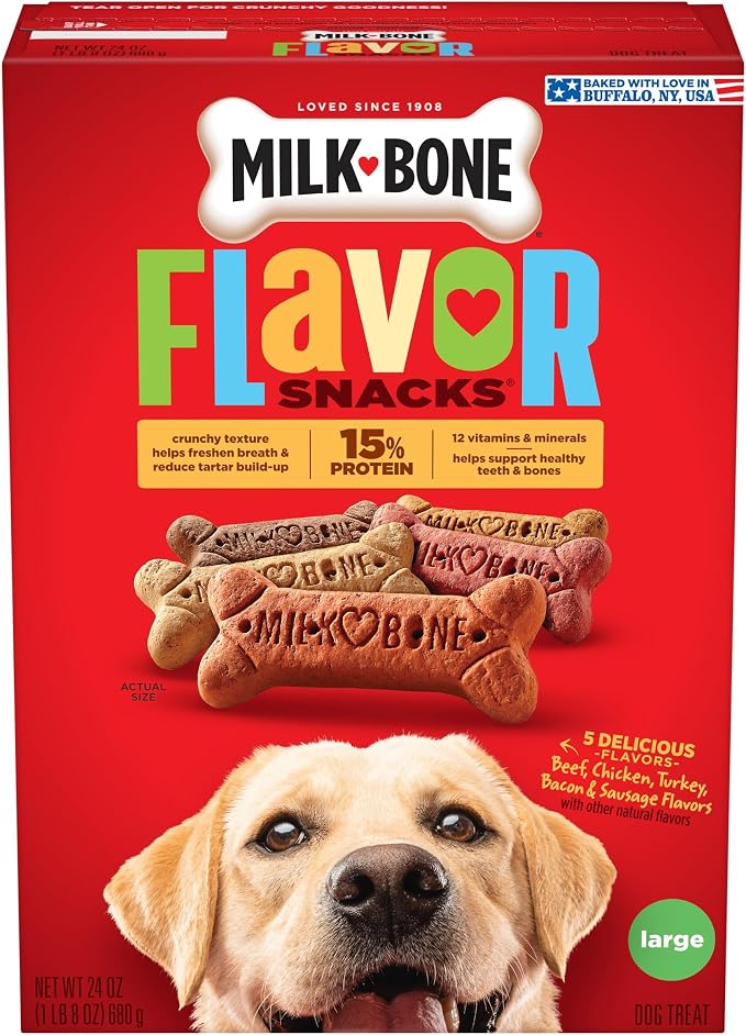 Milk-Bone Flavor Snacks, Large Dog Treats, 24 Oz. | 5 flavors per box (beef, chicken, turkey, bacon & sausage flavors with other natural flavors), made with 15% protein