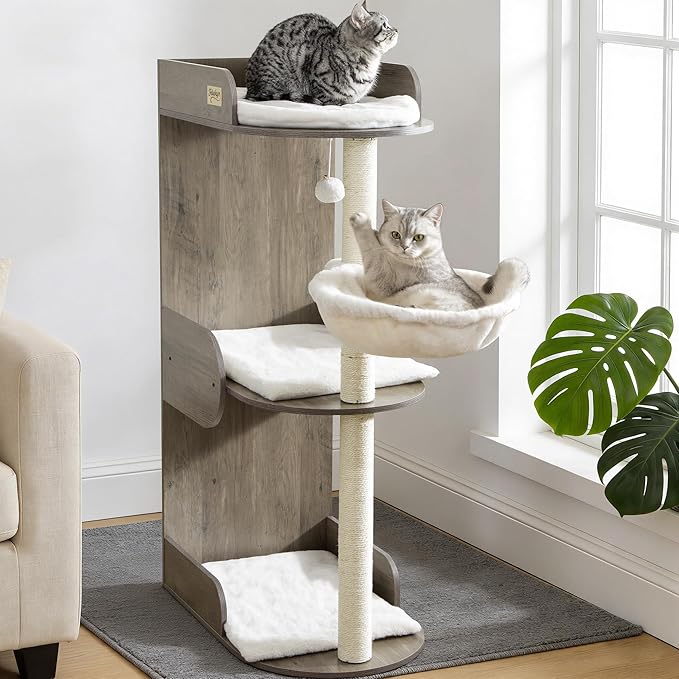 44.8in Modern Wood Cat Tree Tower for Indoor Large Cats with Perch | Multi-level Big Platforms, Sisal Scratching Posts, Cozy Hammock, Washable Pads, Ideal for Windows and Corners, Greige