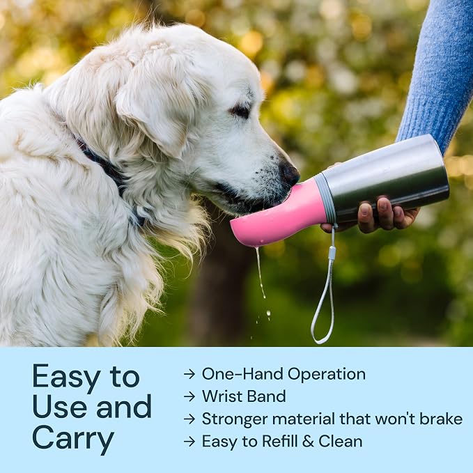 MalsiPree Insulated Dog Water Bottle - 24 oz Pink, Stainless Steel | 24oz insulated steel bottle & bowl - leak-proof - Use for dog travel, hiking, park & beach days