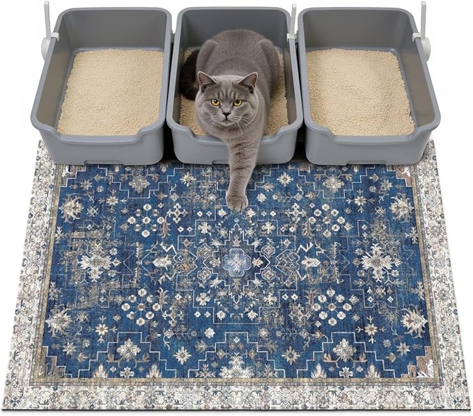 Cat Litter Mat Litter Trapping Mat, 40"x30" Waterproof Urine Proof Litter Box Mat Catcher Mat Non-Slip Washable for Kitty Kitten, Navy