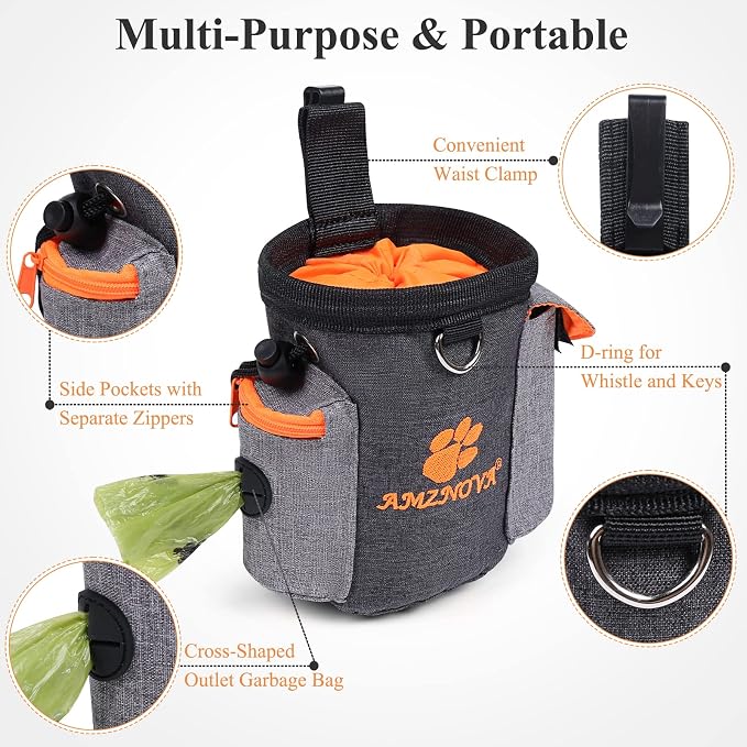 AMZNOVA Dog Treat Pouch Treatnow Dog Treat Bag, 3 Cups, Heather Black | Training Pouch with Waist Belt & Clicker for Training & Walking, Waist Clip On Snack Fanny Pack for Pet