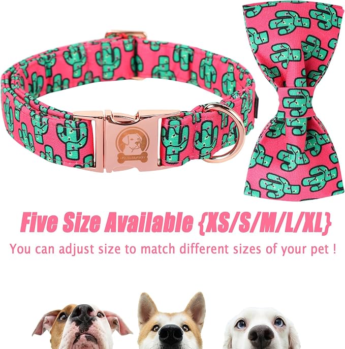·MR. CHUBBYFACE· Pink Cactus Dog Collar with Bow Cute Brown Pet Collar Bowtie Spring Girl Boy Puppy Collar for Small Medium Large Dogs