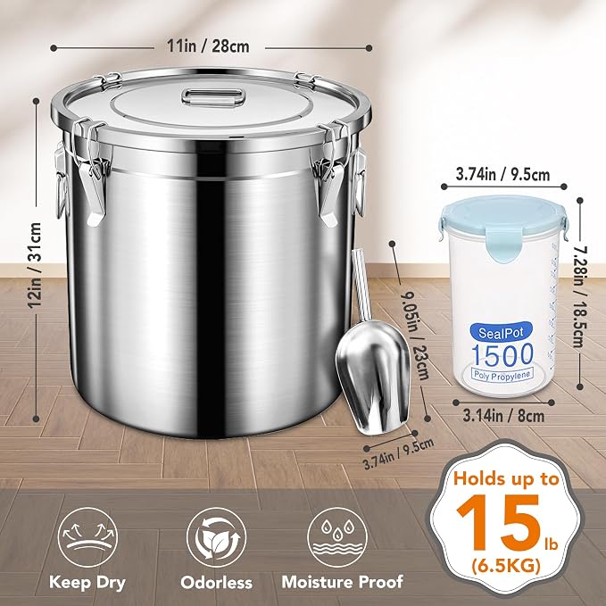 Newget 15lb Airtight Stainless Steel Dog Food Storage Container with Scoop | Large Metal Pet Food Containers Set with Sealed Lid, Metal Lock for Easy Open and Close, Keeps Fresh for Cat / Dog Food