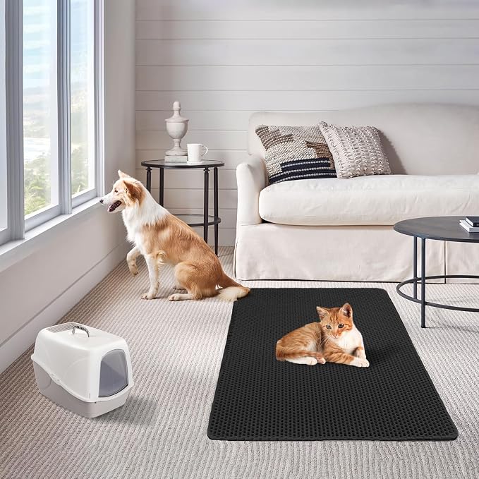 Ultra-Soft Cat Litter Mat 23.4"x14.7" Urine-Proof Non-Slip Black | Catches various litter, 3D large-pore, side-opening pour-out, easy clean, soft & durable, BPA-free, small litter mat
