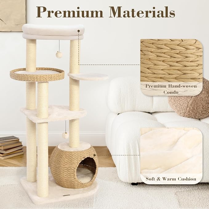 Modern Cat Tree, 53" Tall Cat Trees for Indoor Cats, Cat Condo Natural Sisal with Scratching Posts, Hand-Woven Tower & Top Perch, Cat-Tree for Kittens Climb Play & Rest