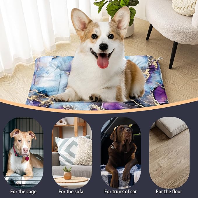 HOSIMA 42L*32W Inch Marble Golden Grain Ink Fluid Print Pet Mat for Under Dog Crate,Blue Fuzzy Washable Pet Crate Pad,Plush Soft Cozy Pad Suitable for Small Dogs Sleeping.