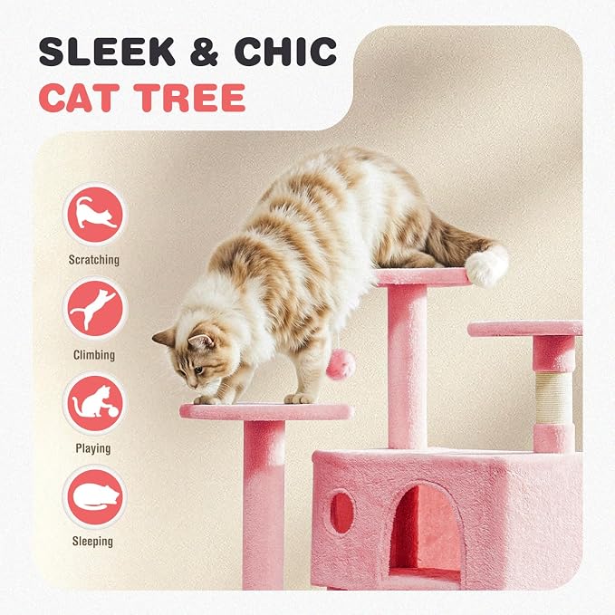 54 Inch Cat Tree Tower with Natural Sisal Scratching Post | Multi-Level Cat Climbing Tower with Hammock, Pet Condo for Indoor Cats and Kittens, Pink