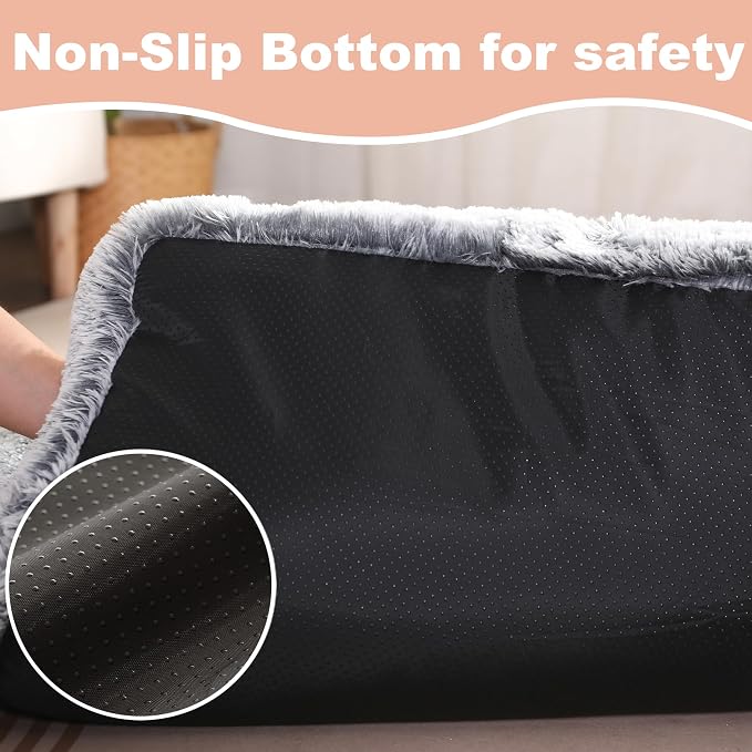 Bedfolks Waterproof Dog Crate Bed With Removable Washable Cover, Plush Faux Fur Pad for Large Dogs, Fluffy Kennel Bed 35"x23", Dark Grey