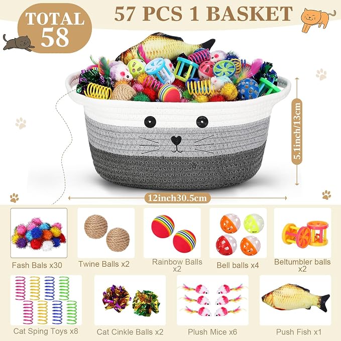 Zopeal 58 Pcs Summer Cat Storage Basket Gift Toys Set, Colorful Flashing Balls Pet Bell Crinkle Balls Spring Toys Attract Cat to Swat, Hunt, Interactive for Pet(Multicolor,12 Inch)