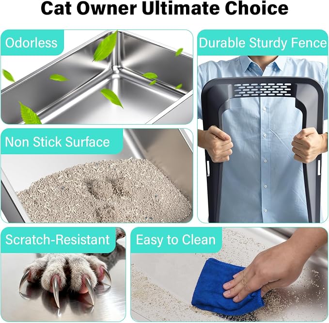 Stainless Steel Litter Box, XL Metal Litter Box with High Sides Lid, Extra Large Cat Litter Boxes for Big Cats, Anti-Urine Leakage, Never Absorbs Odors, Easy Cleaning, Non-Stick, Include Scoop and Mat