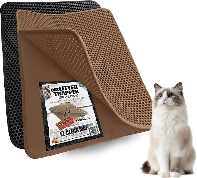 iPrimio Cat Litter Trapper Mat, Waterproof, Double Layer, 23" x 21", Brown | Double layer honeycomb traps scattered litter while the waterproof base blocks urine. Soft on paws and empties in one pour.