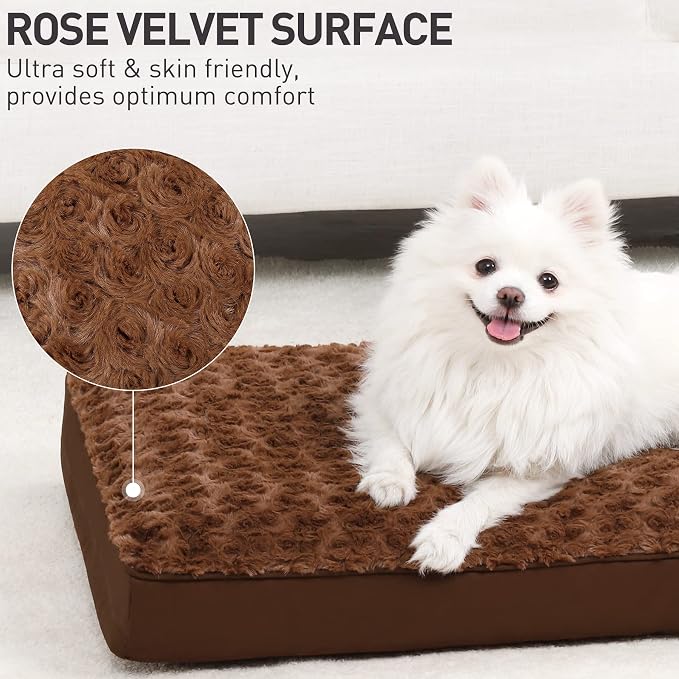 KSIIA Washable Dog Bed for Crate Waterproof for Medium Dogs,29x18 in,Brown | 3in egg crate foam,orthopedic support,Soft rose velvet,3ply waterproof fabric,removable cover,anti-slip base,washable