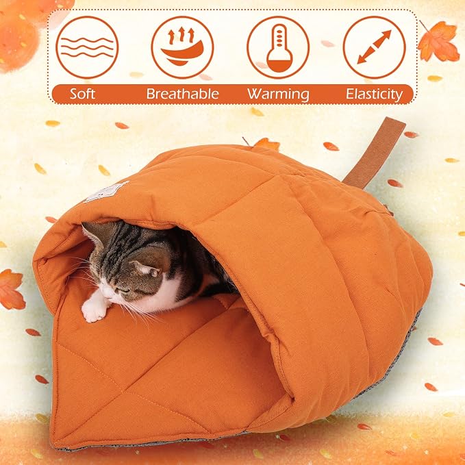 Cat Sleeping Bag Cave Bed with Non-Slip Bottom (Maple Orange) | Comfortable Linen Fabric, Non-stick Hair, Felt Handle, Washable, Suitable Size for Most Cats and Puppy, Durable Pet Nest