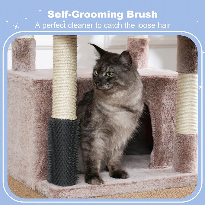 Hey-brother Cat Tree Tower with Extra Large Platform, Big Condo, MPJ070MU | 51.1 Inches Scratching Posts with 2 Cozy Hammocks, Self-Grooming Brush for Indoor Adult Cats, Maine Coon, Muchroom