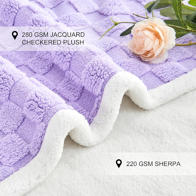 Checkered Waterproof Blanket for Bed Couch Sofa Car, Fluffy Soft Dog Blanket with 3D Jacquard Grid Pattern, Reversible Leakproof Pet Blankets for Dogs Cats Puppies, Lilac, 50"x60"