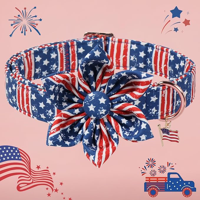 4th of July American Flag Dog Collar, DOGWONG Red Blue Flower Dog Collars with Metal Adjustable Buckle, Comfortable Independence Day Dogs Collars for Large Dogs, XL