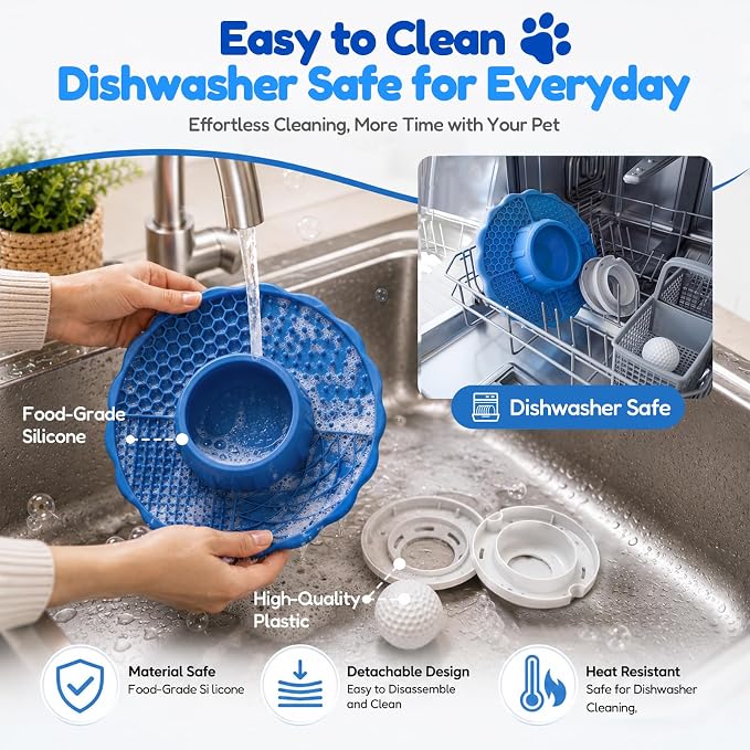 3-in-1 Slow Feeder Dog Bowl with Rolling Ball & Lick Mat for Dogs and Cats, 10oz Capacity, Helps Slow Eating & Calm Feeding & Mental Enrichment, for Indoor & Outdoor Use