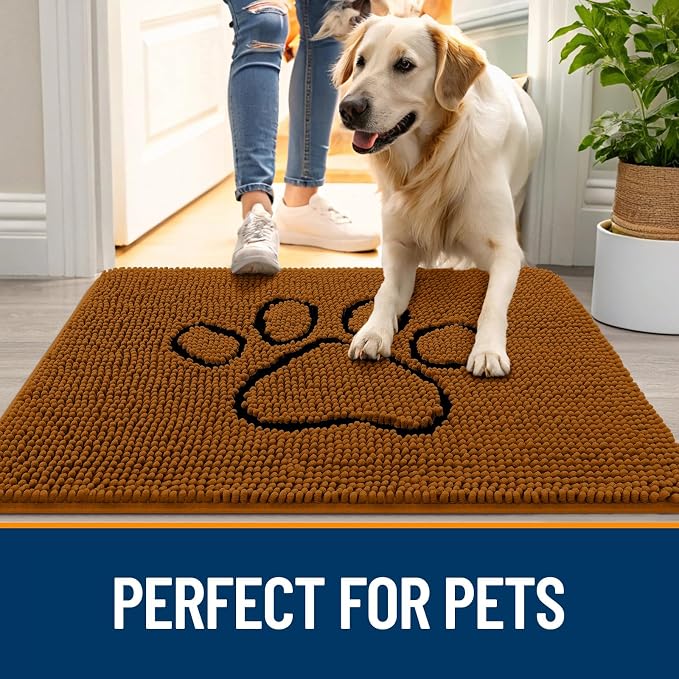 OLANLY Dog Door Mat for Muddy Paws 30x20, Paw Print Design Chenille Mud Mat | Ochre, Absorbent, Traps Moisture and Dirt, Non-Slip Washable Doormat, Quick-Drying Indoor Entryway Floor Carpet for Dogs