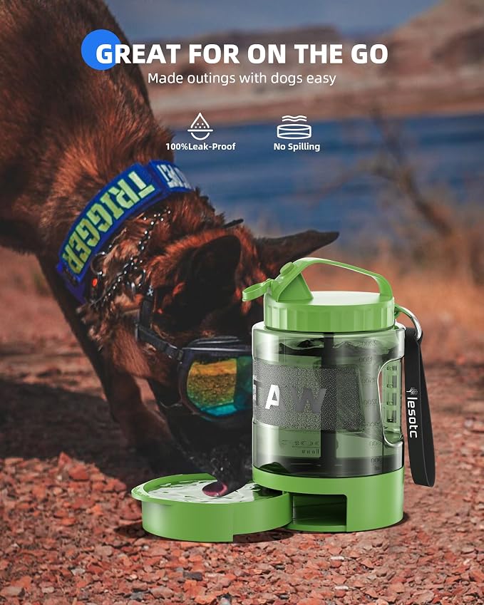 lesotc Portable Dog Water Bowl Dispenser - 77oz Travel Water Bottle with Pop-Out Drinking Bowl, No-Spill Design for Camping, Hiking & Car Rides - Keep Your Dog Hydrated Anywhere, Green
