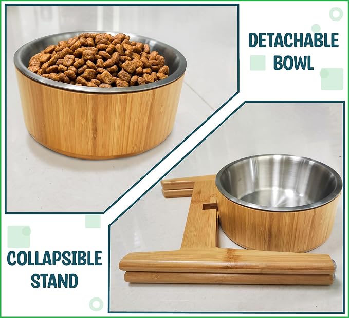 Dog Bowls Elevated, Food Water Bowl for Large Dogs - 15-Inch High - 74oz | Raised Dog Bowl Stand, Stainless Steel and Bamboo, Tipover-Resistant Tall 4 Feet, Doesn't Rust Sag or Bend