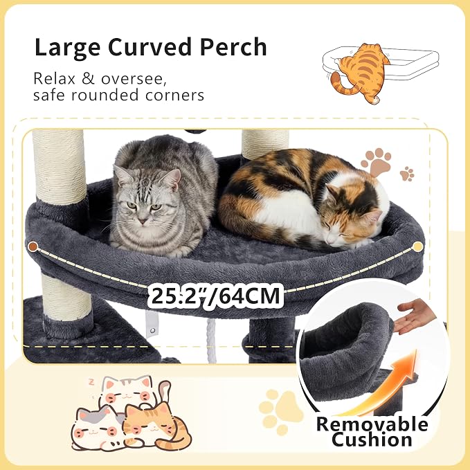 Heybly Cat Tree, 74-Inch Streamlined Cat Tower for Large Cats HCT061G | Cat Furniture with 3-Tier Stacked Condos, Large Perch, Sturdy Base, Full Sisal Scratching Posts & Ramp, Smoky Gray